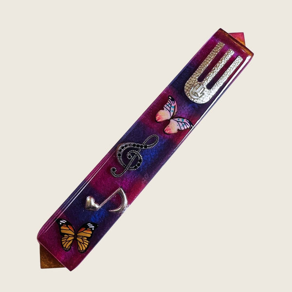 Epoxy Mezuzah in Pink & Purple with Butterflies and Music notes