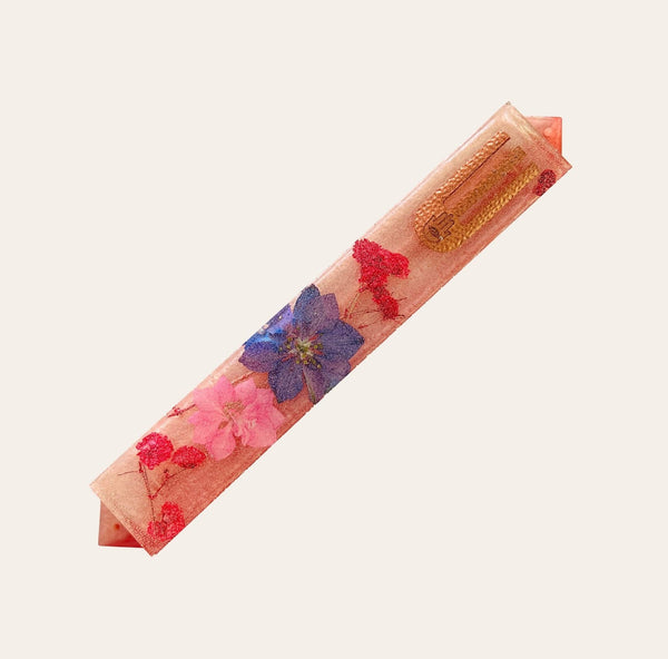 Pink tones and Dried Flower Mezuzah W Rose Gold accent - Handmade Judaica Mezuzah Case - Handmade Epoxy Mezuzah Jewish Gift Jewish Epoxy Art 11
