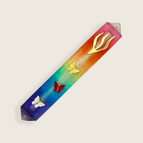 Epoxy Mezuzah in Rainbow Pattern with Butterfly charms and Gold accent