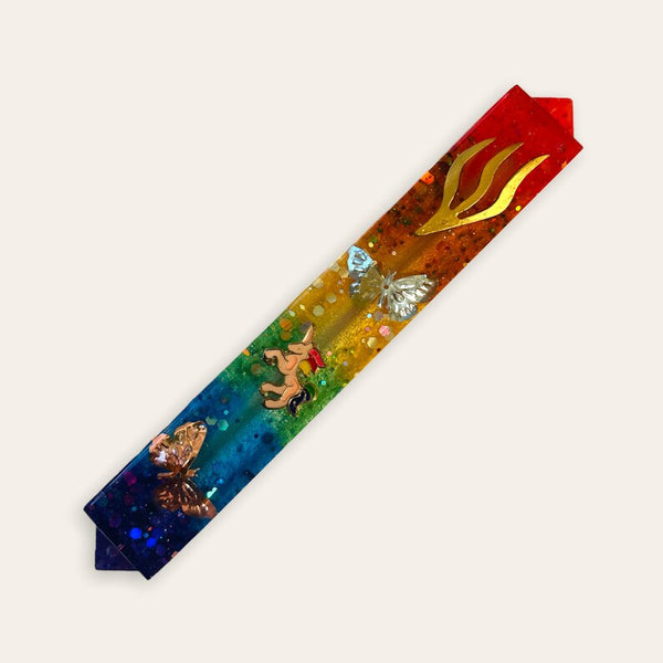 Epoxy Mezuzah in a Rainbow Pallet with Butterflies and Unicorn
