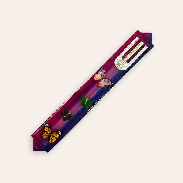 Epoxy Mezuzah in Purple & Pink with Butterfly charms