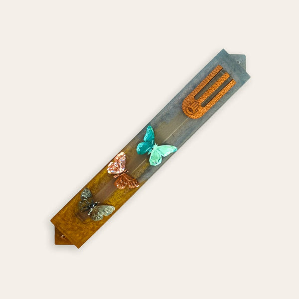 Epoxy Mezuzah in Metallic Rose & Blue with Butterfly charms