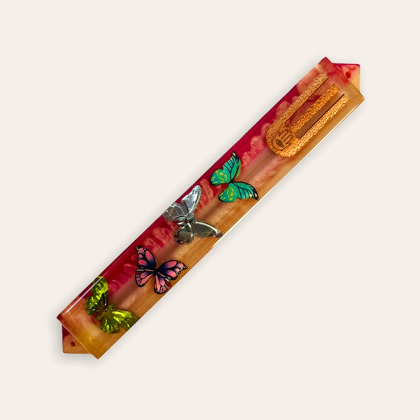 Epoxy Mezuzah in Metallic Rose Gold & Pink with Butterfly charms