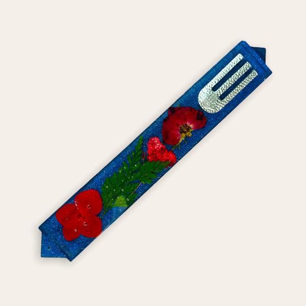 Epoxy Mezuzah in Blue Chameleon with Real preserved Flowers