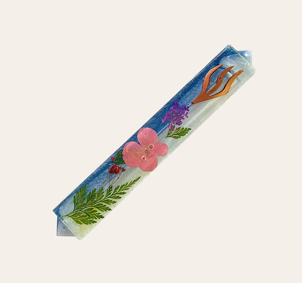 Epoxy Mezuzah in Blue and White with Colorful Preserved Flowers