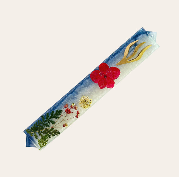 Epoxy Mezuzah in Blue and White with Colorful Preserved Flowers