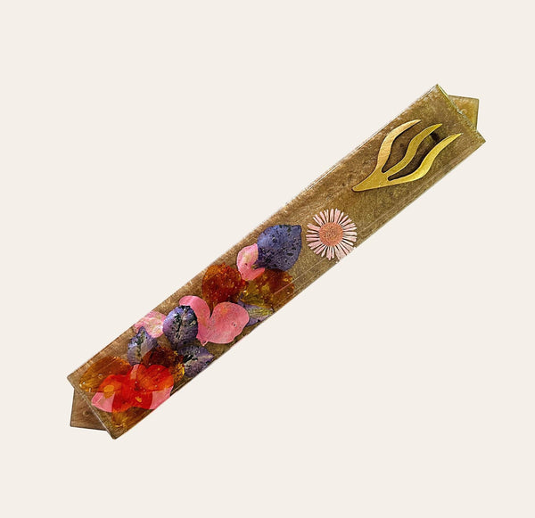 Epoxy Mezuzah in Earth Tones with Colorful Preserved Flower Peddles