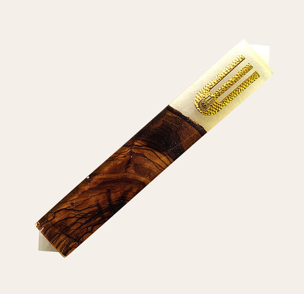 Epoxy Mezuzah in White & Gold accent with Olive Wood from Israel