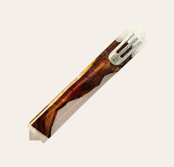 Epoxy Mezuzah in White Chameleon with Olive Wood from Israel
