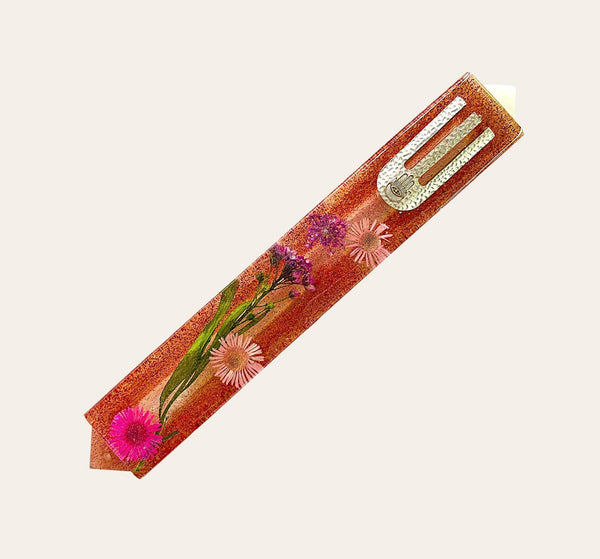Epoxy Mezuzah in Red Glitter with Preserved Flowers