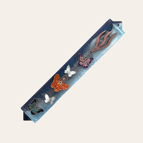 Epoxy Mezuzah in Blue Tones with Butterflies and Rose Gold charm