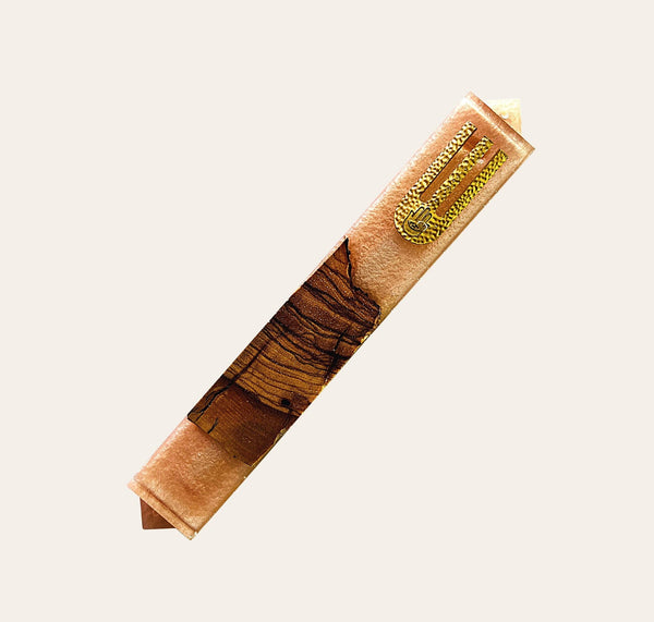Epoxy Mezuzah in Natural Light Pink with Olive Wood from Israel