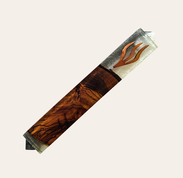 Epoxy Mezuzah in Gray, White & Rose Gold with Olive Wood from Israel