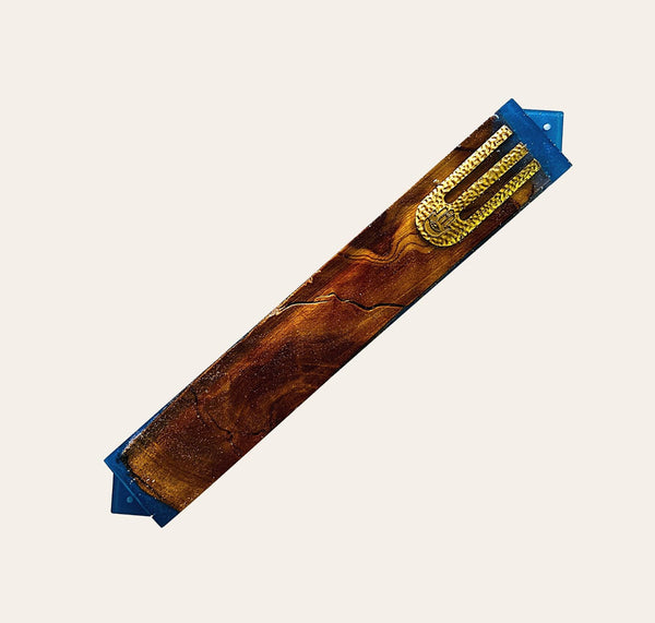 Epoxy Mezuzah in Blue & Gold accent with Olive Wood from Israel