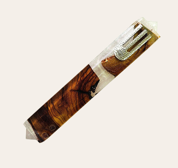 Epoxy Mezuzah in Pearl White & Silver accent with Olive Wood from Israel